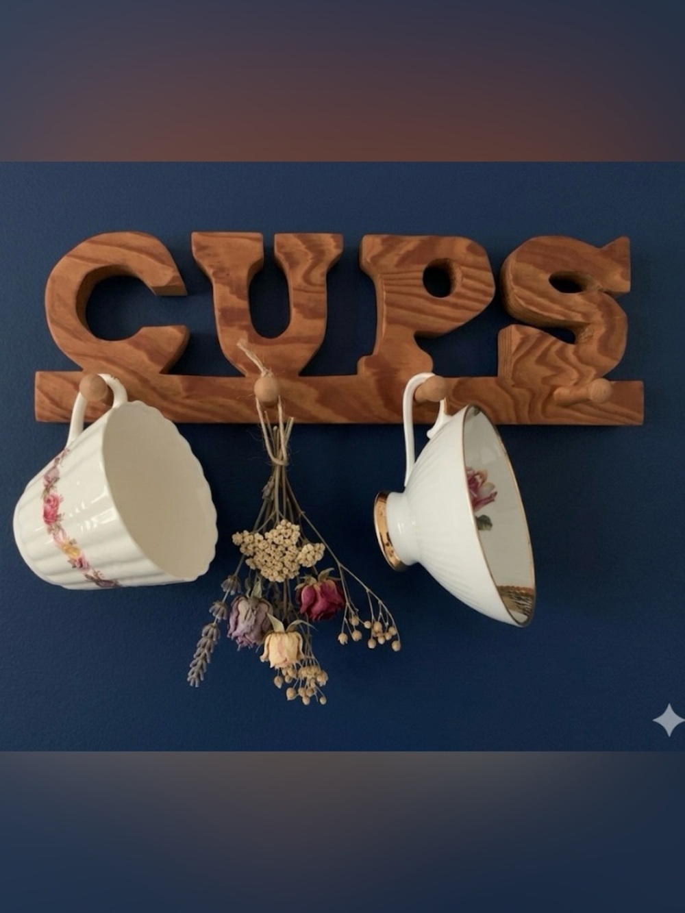 Vintage Hand-Cut Wood “CUPS” Wall Rack-Rustic Farmhouse-Boho Decor